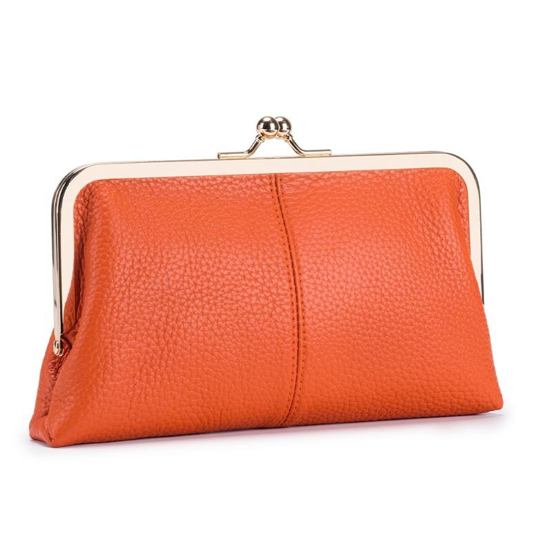 

Leather simple fashion clip bag long clutch bag new first layer cowhide wallet mouth gold storage bag large capacity