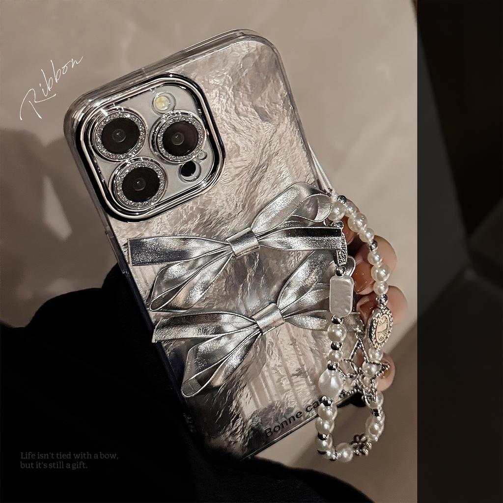 Three Dimensional Silver Bow Mobile Phone Case Suitable for 16 Apple 17promax Light Luxury Iphone14 Hanging Chain 13 Full Package