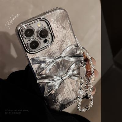Three Dimensional Silver Bow Phone Case for 16 for Apple 17promax, Light Luxury for IPhone 14, Hanging Chain 13, All Inclusive