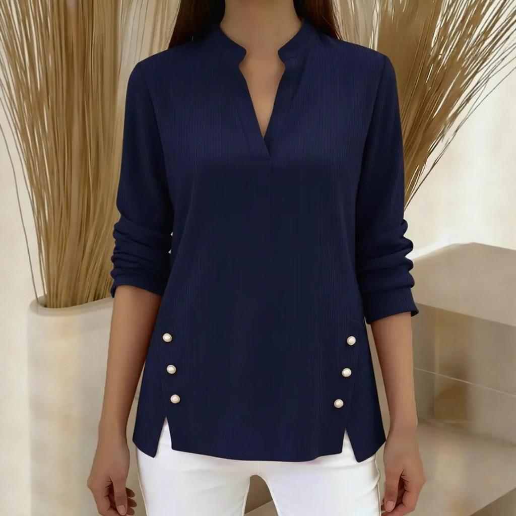 2025 Autumn and Winter New Solid Color Loose Casual V-neck Buttoned Long-sleeved Women's Tops T-shirt