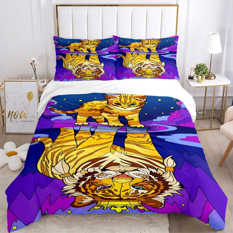 3pcs Tiger Cat Print Duvet Cover Set, 1 Duvet Cover + 2 Pillowcases (No Insert), High-Definition Print, Home & Dorm yy251123007