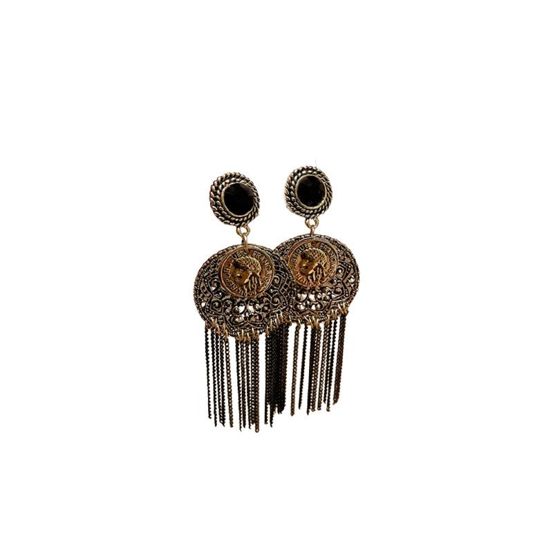 Silver Needle Diamond Round Portrait Tassel Earrings European and American Retro Temperament Earrings High-end Versatile Earrings Women
