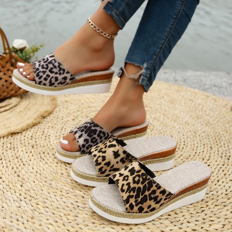 Large Size Slope Heel Cool Slippers Women's Summer New Fashion Leopard Print Muffin Thick Bottom Women's Slippers