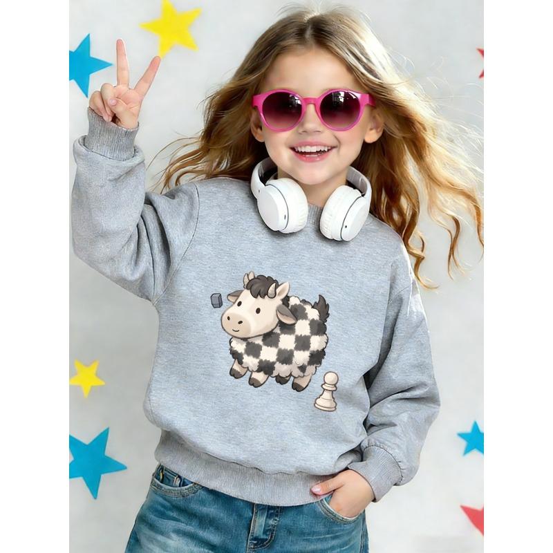 European sizes Cute Checkerboard Lamb Print Kids' Spring Crew Neck Sweatshirt, Comfortable Thin Design, Ideal for Outdoor Wear, Ages 0-3
