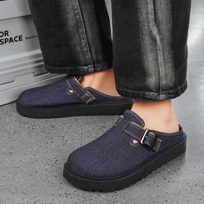 Baotou Boken Halbschuhe Retro Pendlerschuhe Vielseitige Freizeitschuhe Herren Denim Pantoletten Atmungsaktive Kork-Slipper Lässig Verstellbar