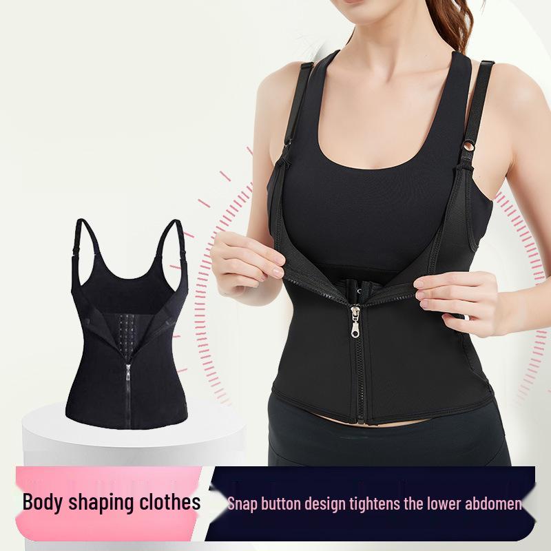 Three-Row Hook Zipper Bodysuit with Tummy Control Belt, Waist Cincher, and Bust Support for Women's Slimming and Sweat-Inducing Shaping.