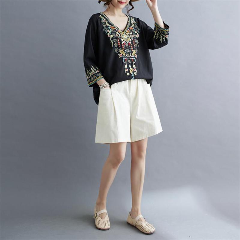 Oberteile Damen Baumwolle Sommer Große Größe T-Shirt V-Ausschnitt Locker Bedruckt Lässig Pullover T-Shirt Top