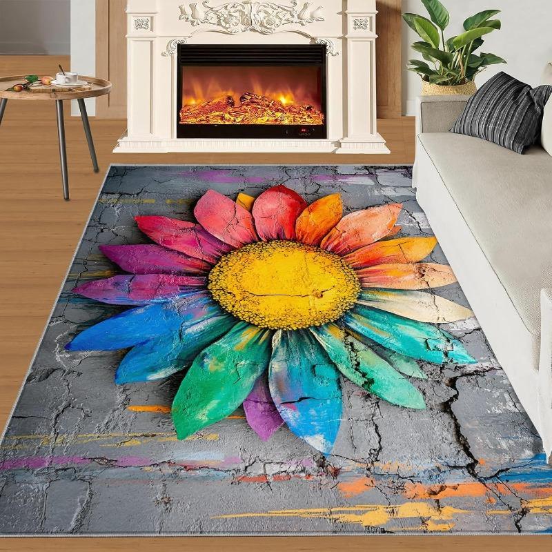 Artistic Abstract Rose Area Rug Modern Art Colorful Rose Non-Slip Large Rug Graffiti Style Flowers Floor Mat for Living Room