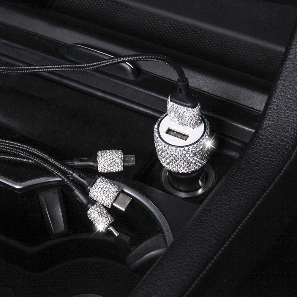 Nová nabíječka do auta Bling USB 5V 2.1A rychlý adaptér se dvěma porty Růžový dekor do auta Styling do auta Diamantové příslušenství do auta Interiér pro ženu