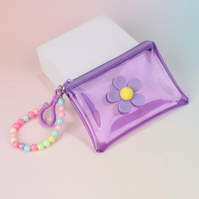 Portable Flower Bead Chain Coin Purse Pvc Zipper Small Wallet Colorful Transparent Storage Bag