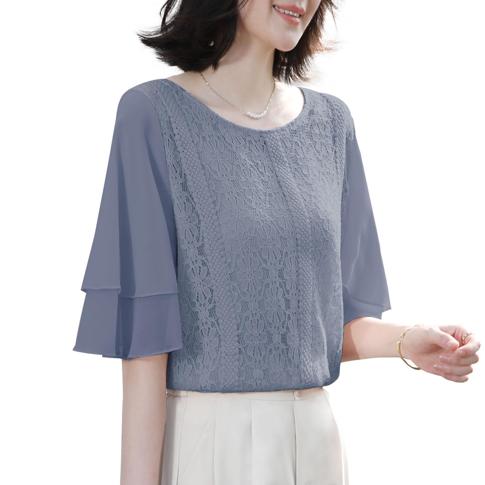 

Рубашка Блузка для Короткого Цветочного Расклешенного Тела Идущего Лета [Yino] Женщины, Рукав, Кружево, Узор, Рукав, Гладкий, На подкладке, Закрывающий, Стройнящий, Женственный, Милый, синий