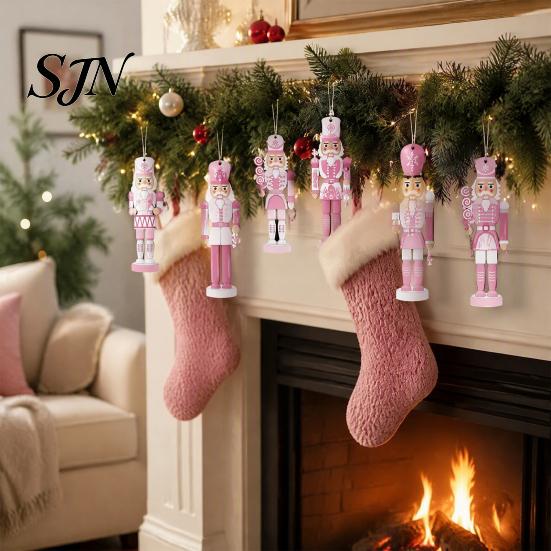 Small Wooden Pendants for Christmas Party Pink Nutcracker Hanging Ornaments Tree Decorations, Soldier Decorative Nutcrackers Living Room Home