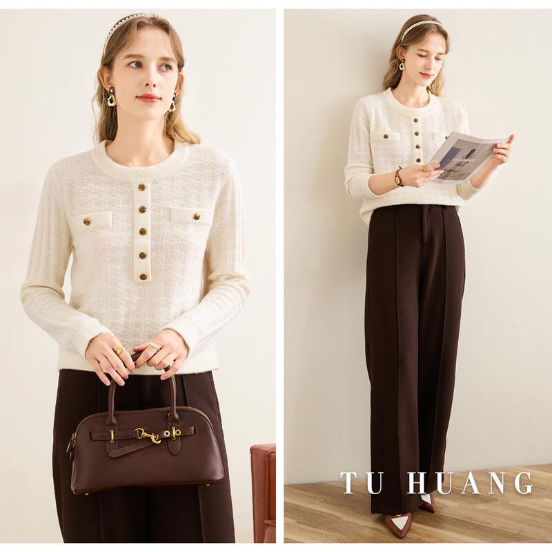 TUHUANG Women's 'Little Fragrance' Style Pure Wool Pullover Sweater