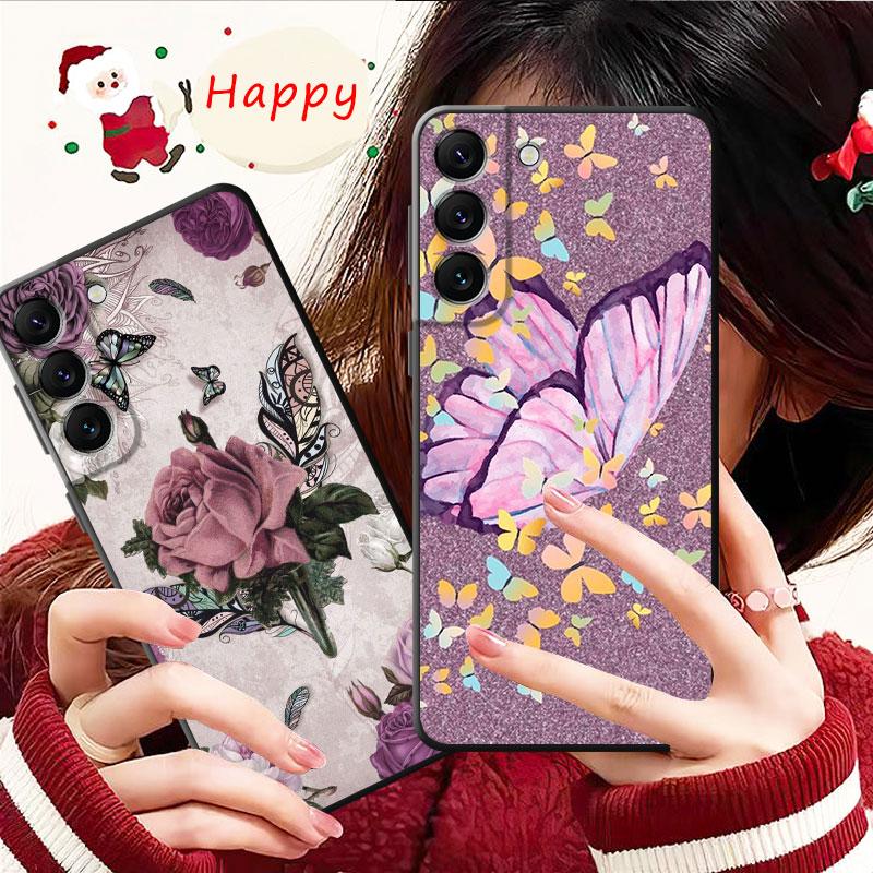 Shell For Samsung Galaxy S23 S22 S21 S20 Fe Ultra S10 S9 S8 Plus Note 20ultra 10plus Case Bling Aesthetic Butterfly Rose Art