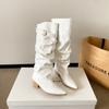 Autumn and winter new French white boots women's belt buckle pleated pile boots pointed thick heel knight boots