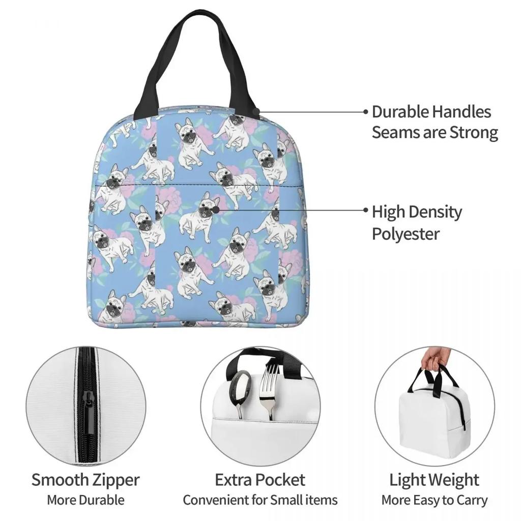 Dog And Rose Flowers Insulated Lunch Bag French Bulldog Women Kids Cooler  Thermal Portable  Box Ice Pack Tote