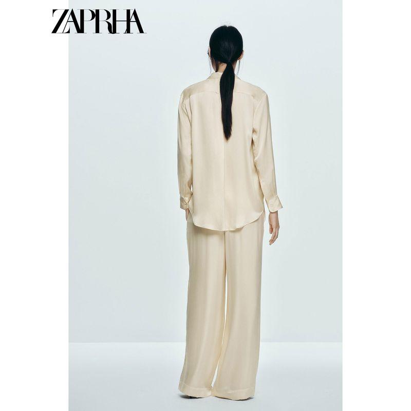 Zaprha 2025 Summer New Women Clothes French Style Fashion Satin Long Sleeve Pocket Decoration Lapel Shirts 7823147