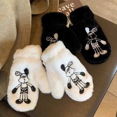 Cute Plush Gloves for Women In Autumn and Winter Korean Version Ins Warm Plus Velvet Halter White Mittens Outdoor Cycling Students