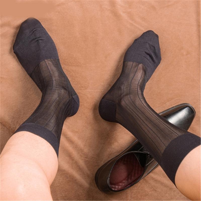 Mens Business Soft Breathable Nylon Sheer Dress Socks Thin See Through Silk Ribs Striped Calf Socks for Formal Use