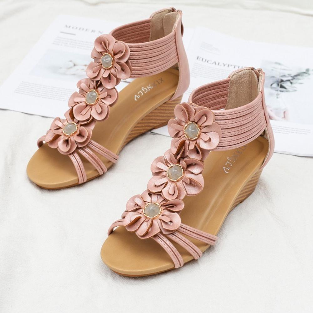 Neue Sommer Damen Böhmische Ethnische Keilabsatz Plateau Römische Sandalen, Floral Design Zum Kleid Matching