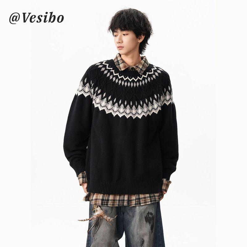 Trendy Fair Isle Cable Knit Sweater for Men, Winter American Style Versatile Crew Neck Knitwear, Vintage Lazy Style Couple's Top