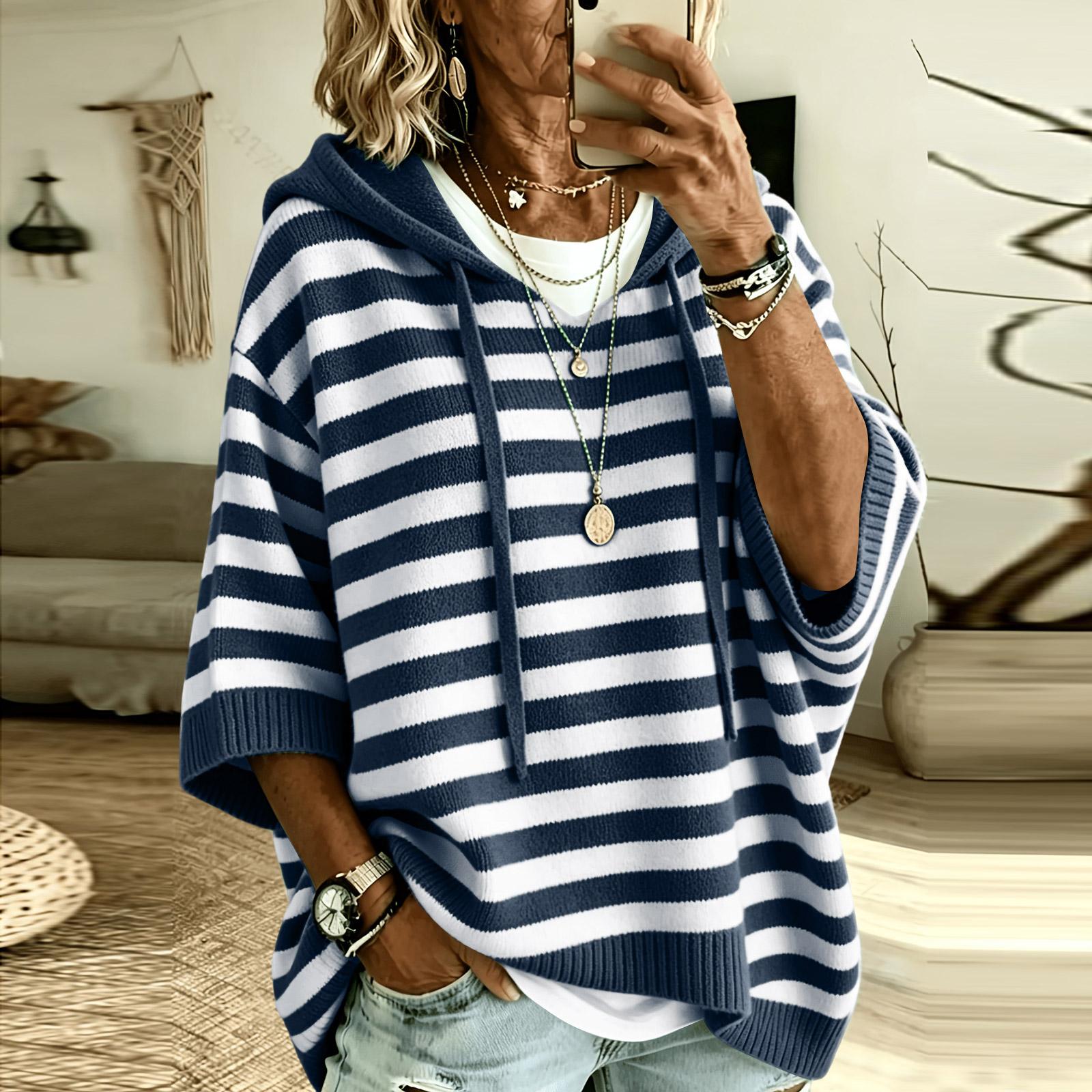 Women s Striped Hooded Knit Sweatshirt with Drawstring L