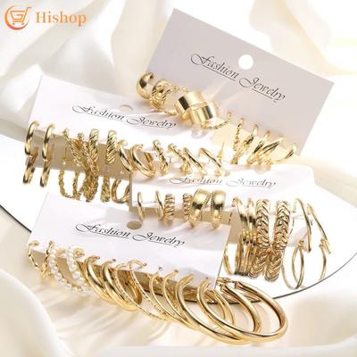 24pair/set Luxury Hoop Earrings for Women Twist Piercing Artificial Pearls Earring Set Accessories Jewelry