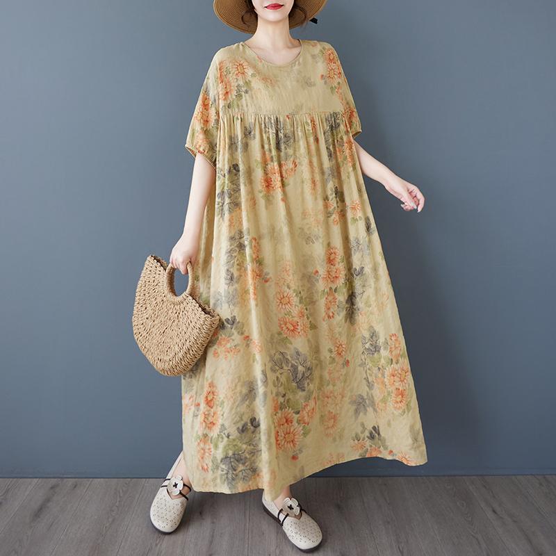DIMANAF 2025 Summer Women Vintage Printing Plus Size Long Dress Short Sleeve Casual Basic Loose Dress