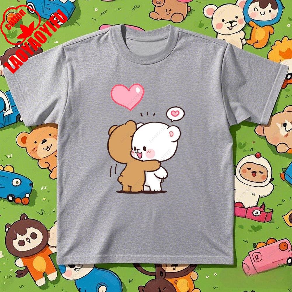 Kawaii Couple Tshirt Matching Milk and Mocha Cartoon Anime Print Cotton Unisex Women TShirt Couple Tee Summer Casual Shirt Tops