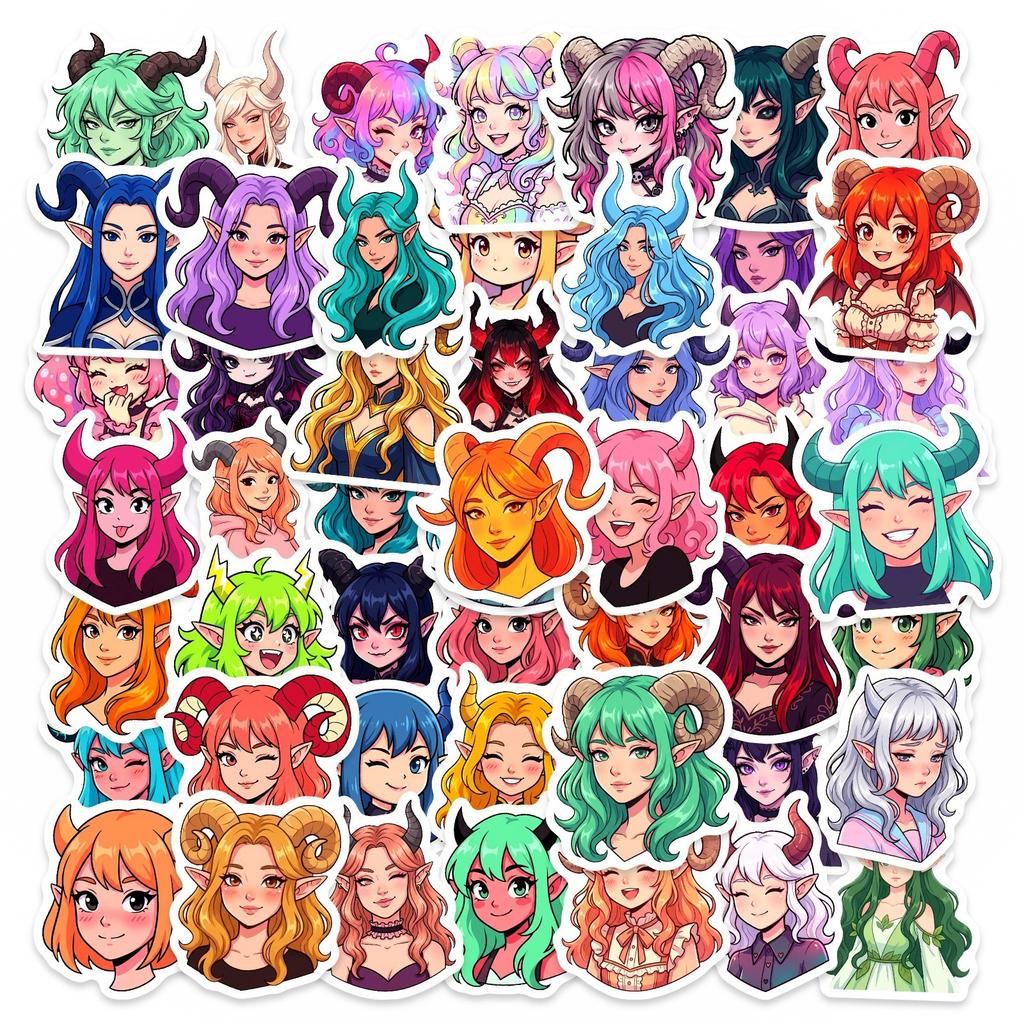 50 Anime Horns Demon Girl Stickers Two-Dimensional Fantasy Characters Hand Account Material Decorative Stickers