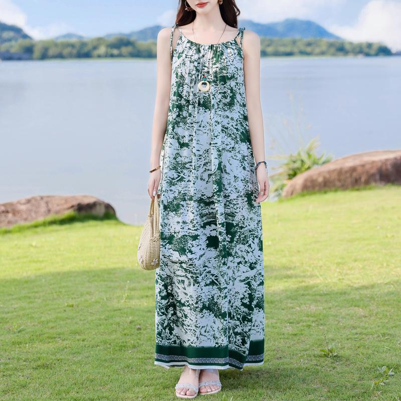 Elegant Woman Summer Strap Dress Plus Size Casual Loose Long Dress Female Vintage Clothes