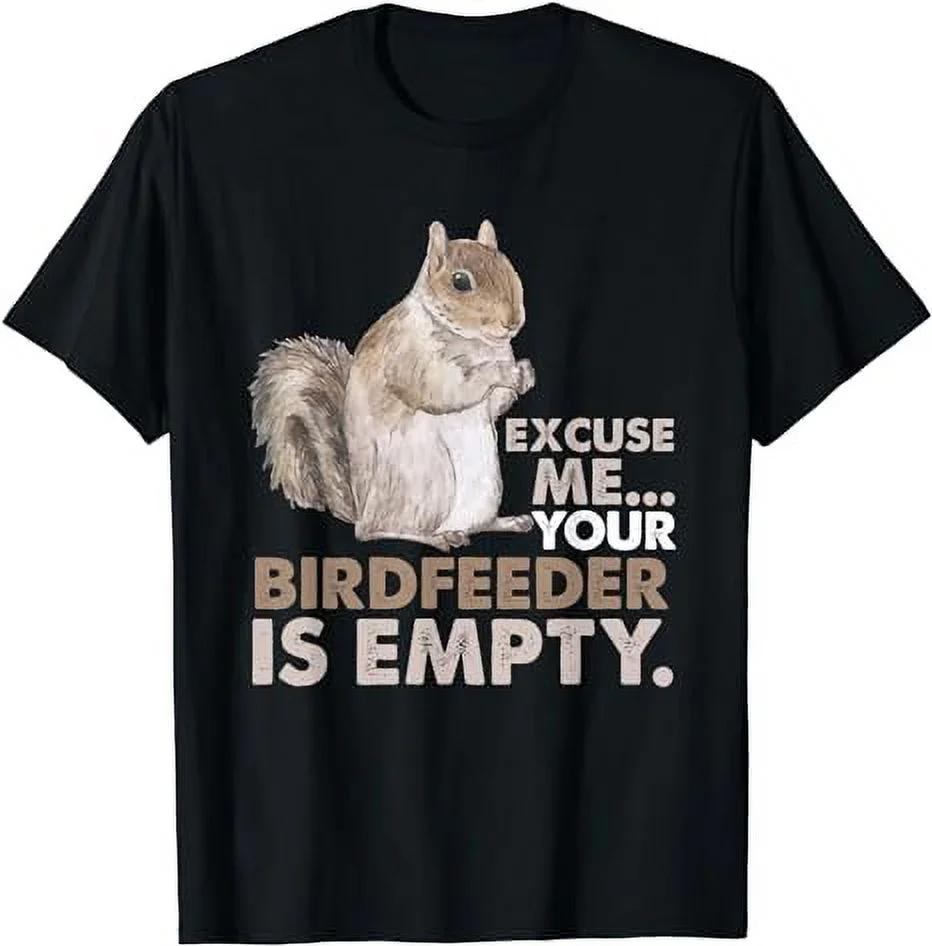 

Funny Squirrel Birdfeeder Empty Graphic Cotton T-Shirt Casual Crew Neck Tee S чёрный
