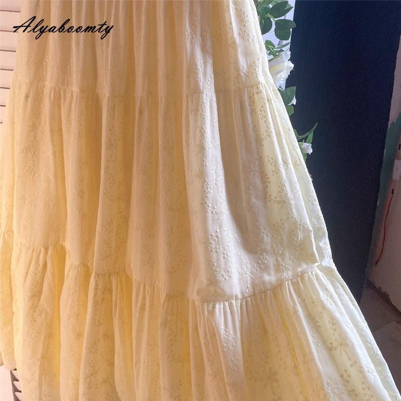 Japanese Mori Girl Spring Summer Women Sweet Skirt High Waist Light Yellow Embroidery Floral Skirt Soft Cotton Elegant Ladies' Skirt