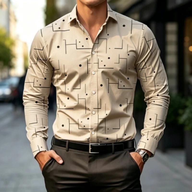 Essential Men's Geometric Pattern Long-Sleeve Shirt, Stylish & Versatile.