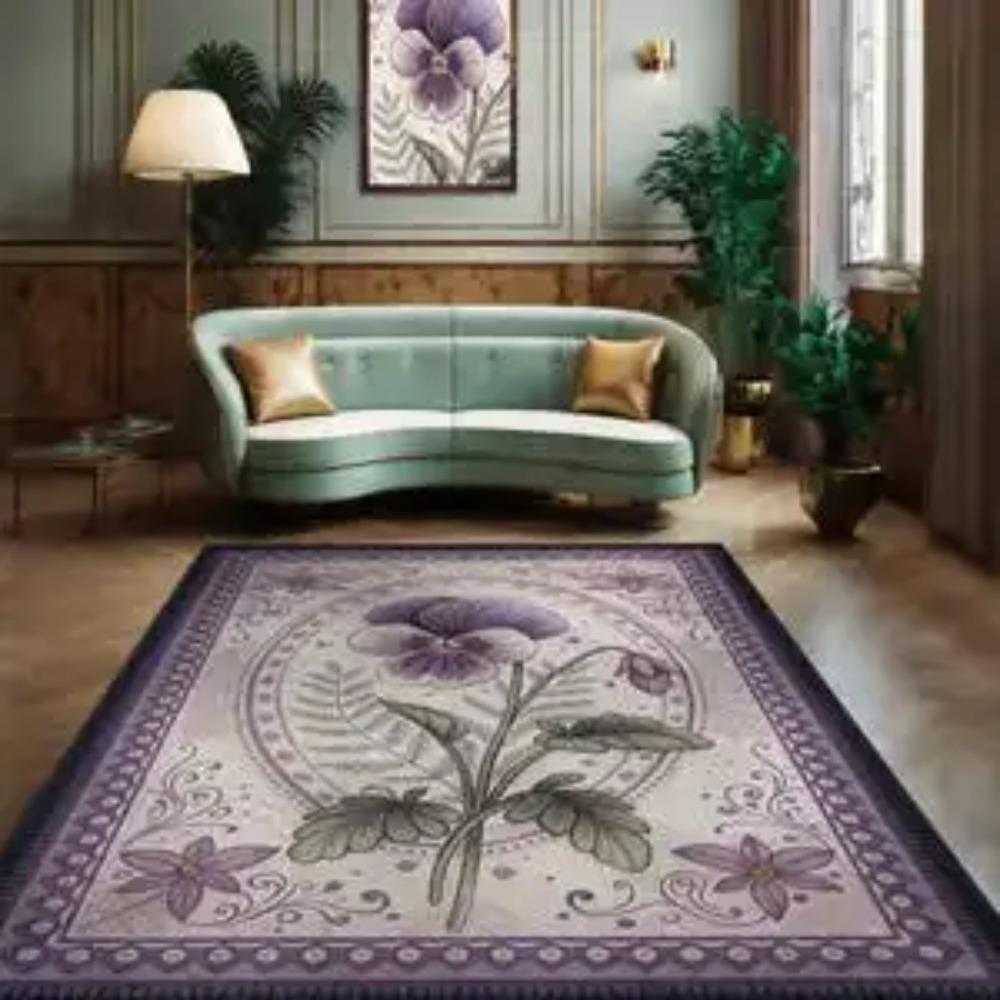 Rug, Elegant Violet Rug, Living Room , Washable Vintage , Floral Bedroom