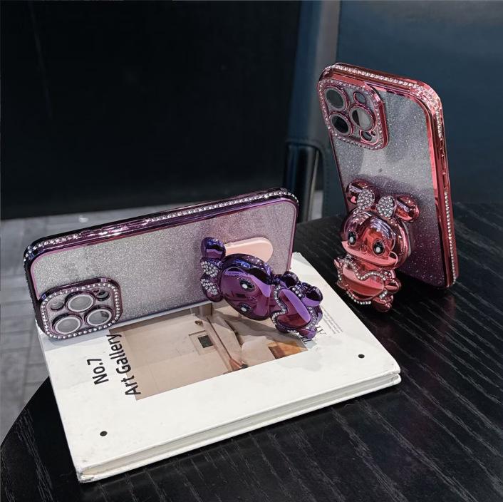 iPhone 17 Rhinestone Gradient Case with Diamond Rabbit Stand for Apple 16 Pro Max - Glitter Shockproof Case for iPhone 15