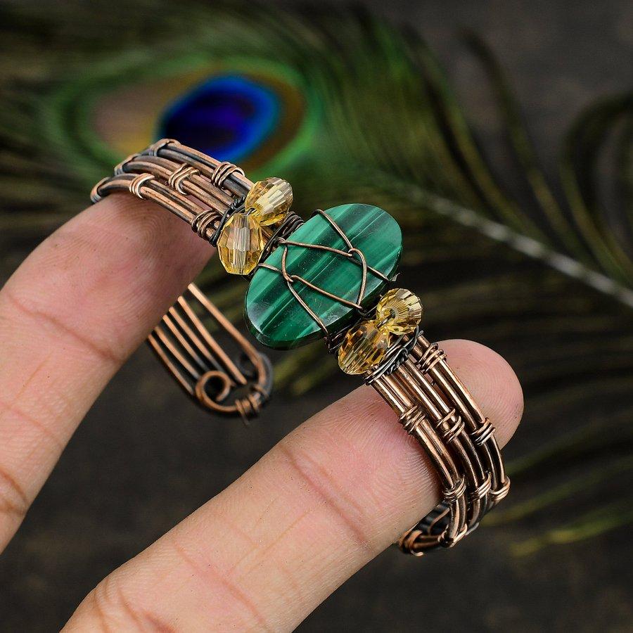Natural Malachite Gemstone Handmade Copper Wire Wrap Cuff Bangle Adjustable E9j93