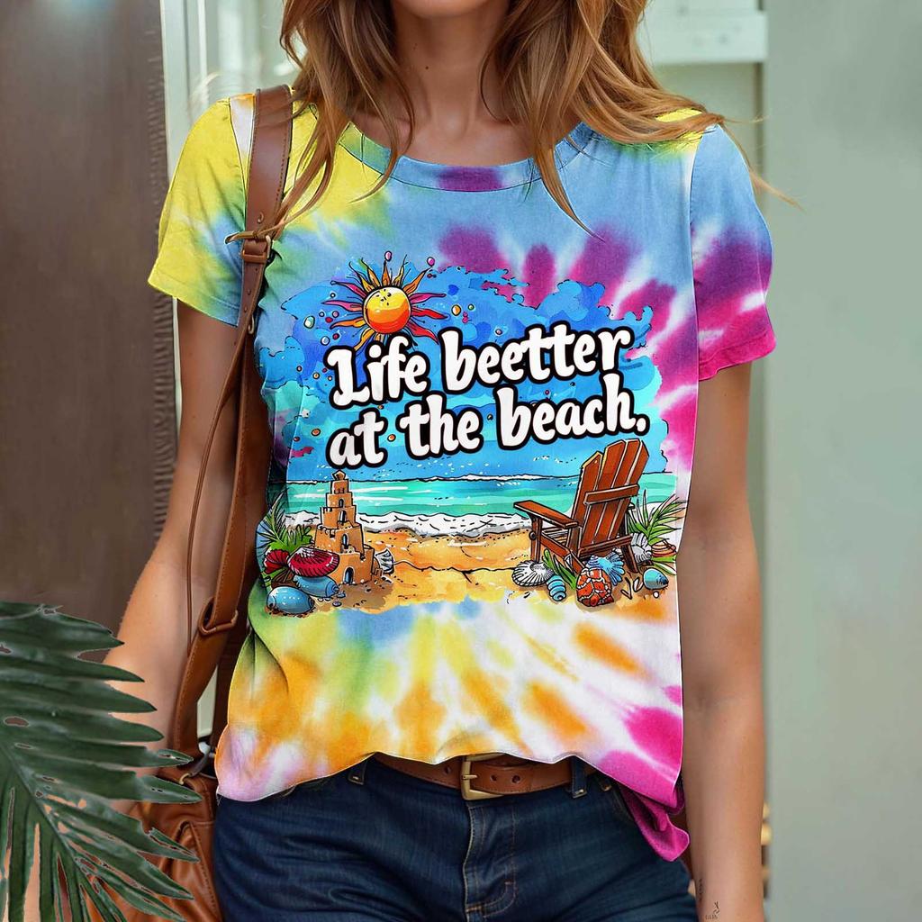 Summer Fruit Coconut Tree Gradient 3D Print Beach T-Shirts Short Sleeve O-Neck Women's T-shirts