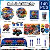 Forniture per Festa Monster Truck, 140 pezzi Decorazioni e Stoviglie per Compleanno Monster Truck - Piatti Sfondo per Compleanno Monster Truck, Decorazioni per Festa Blaze