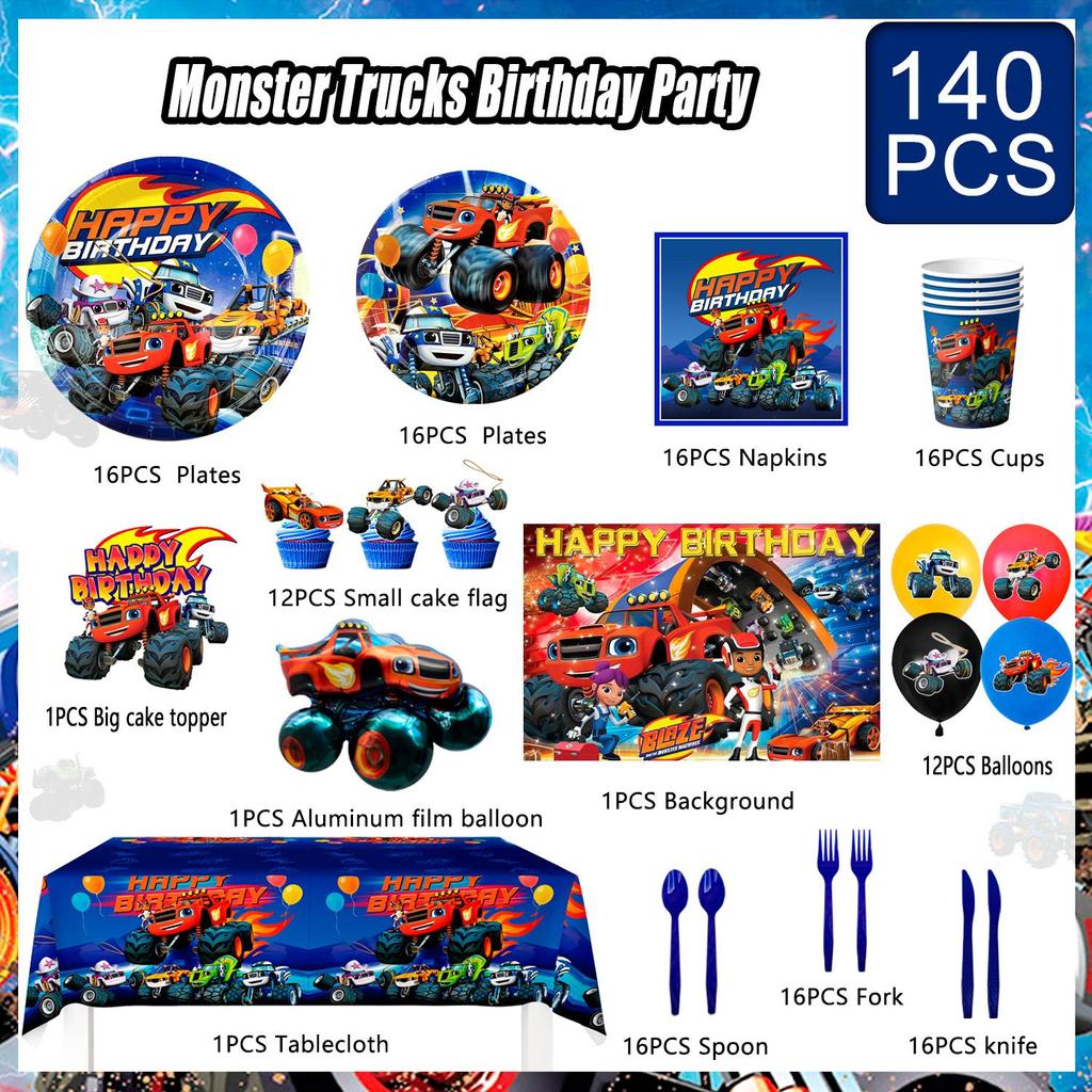 Forniture per Festa Monster Truck, 140 pezzi Decorazioni e Stoviglie per Compleanno Monster Truck - Piatti Sfondo per Compleanno Monster Truck, Decorazioni per Festa Blaze