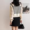 2025 Autumn Black & White Striped Puff Sleeve Sweater Knitwear Top