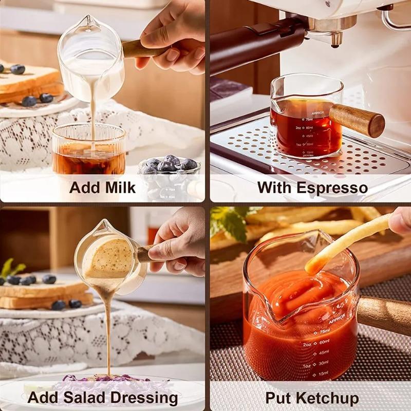 1/5PCS Glass Measuring Cup Wood Handle Glass Espresso Measuring Cup Double Single Mouth Milk Coffee Clear Mug Coffee Supplies
