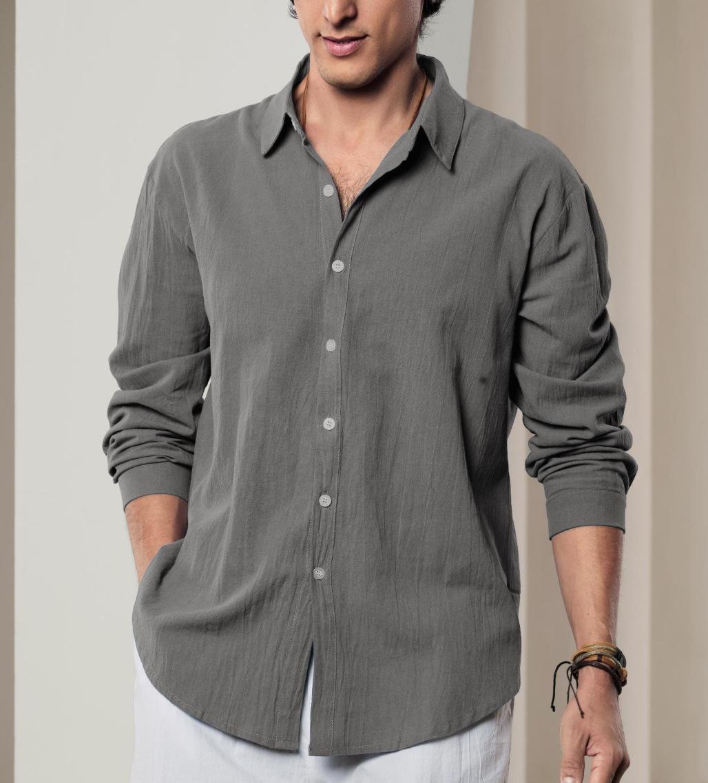 

Мужская рубашка на пуговицах летняя с длинным рукавом однотонная с лацканами трансграничная весенне-летняя повседневная одежда XXXL темно-серого