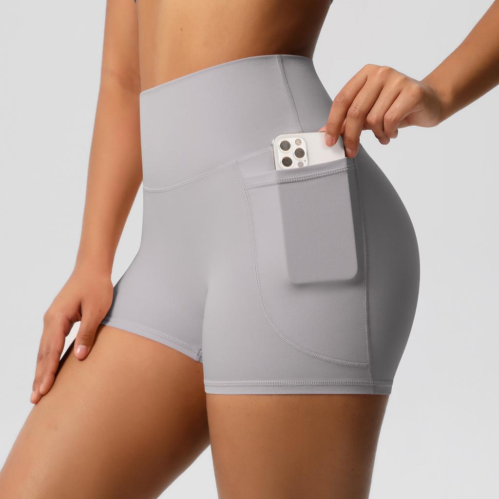 Pantaloni da yoga tinta unita con tasche – pantaloncini fitness traspiranti a vita alta snellenti per donna