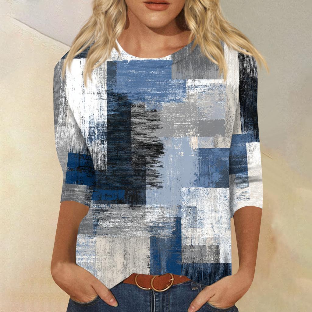 Women's Fashion Casual Round Neck Three-quarter Sleeve Retro Floral Print T-shirt Top