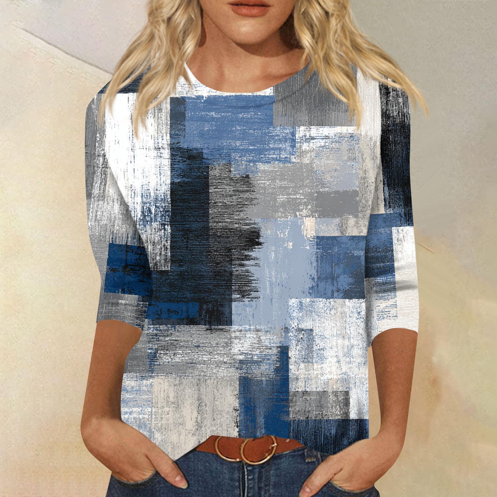 

Женская модная повседневная футболка с круглым вырезом и рукавом три четверти, в стиле ретро, с цветочным принтом L синий