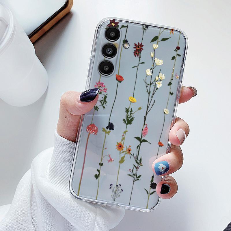 Transparent Case For Samsung Galaxy A24 A17 A16 A56 A55 A54 A06 4G Cover Cartoon Flowers Soft Clear Shockproof Funda Face Capa