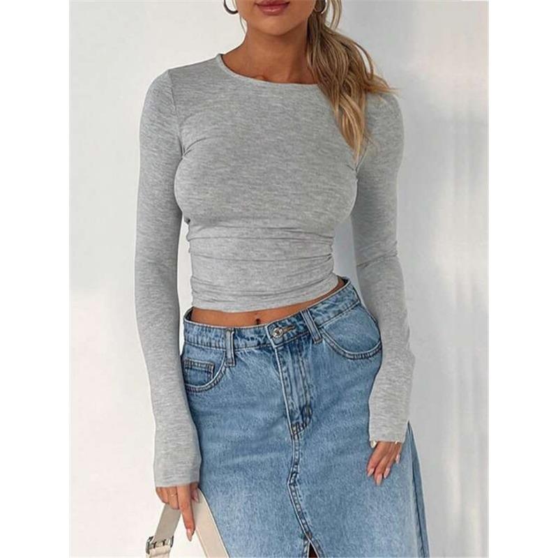 

Жіночі футболки пуловери з довгим рукавом однотонні, універсальні, осінньо-зимові XL світло-сірого кольору
