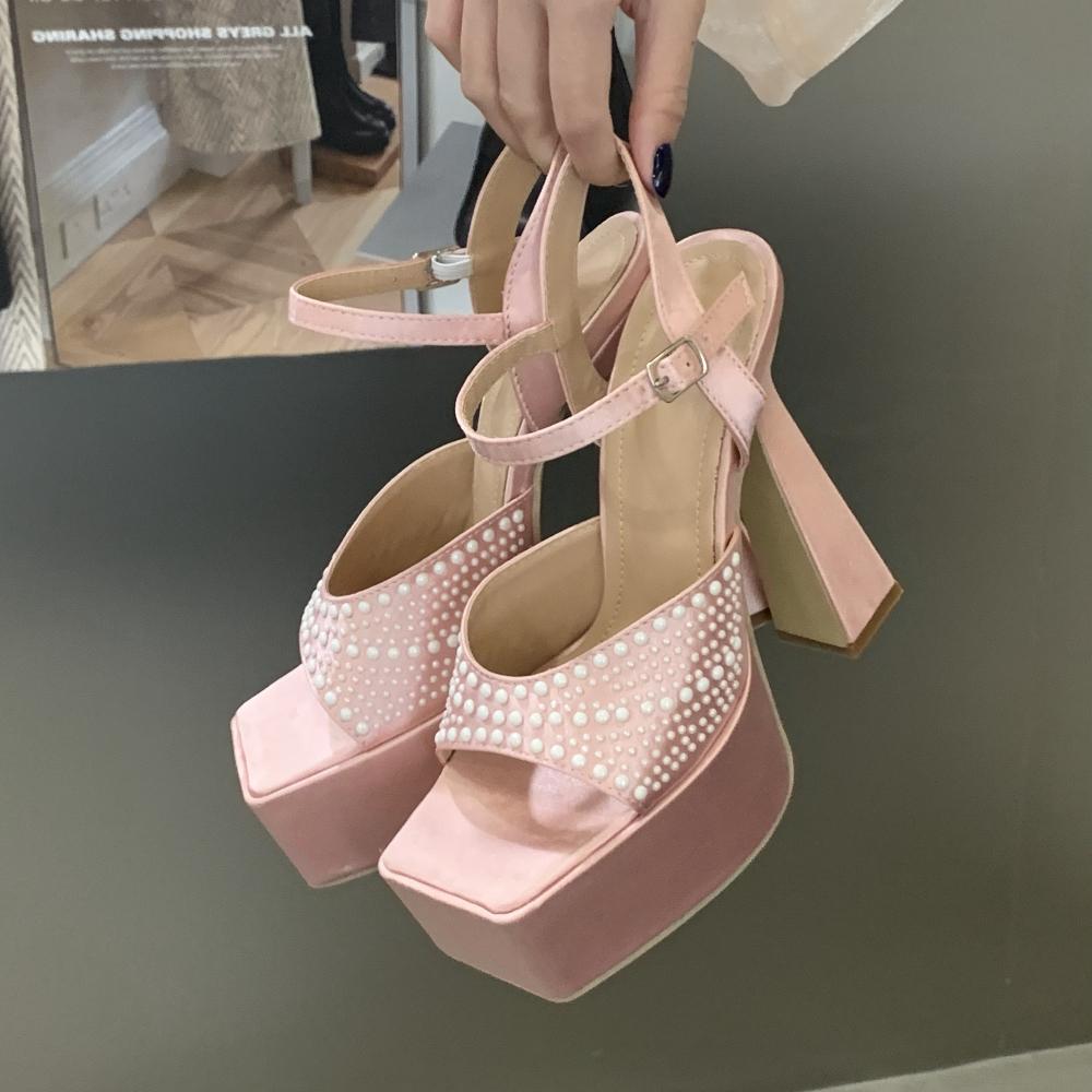 Pesstwei Sexy Platform Ultra High Heels Sandals Women Thick Heels Pearl Exposed Toes Buckle Strap Banquet Party Ladies Shoes