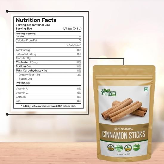 Organic Zing Cinnamon Bark - Ceylon Cinnamon Sticks for Baking, Cooking & Smoothies| Product of India - 115 Grams Resealable Pack